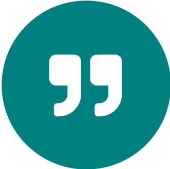 White quotation marks on teal background circle.